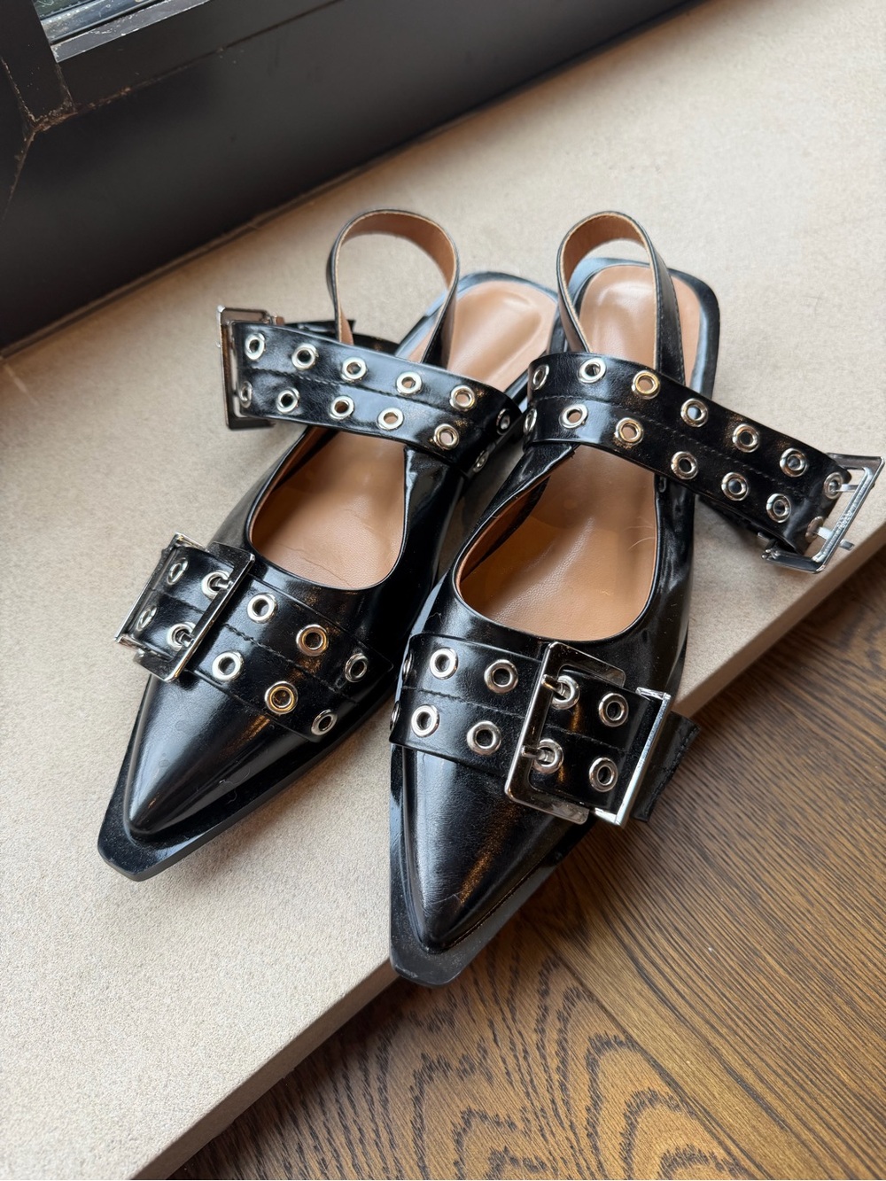 Black Patent Pointed Slingback Flats with Grommet Straps - 7